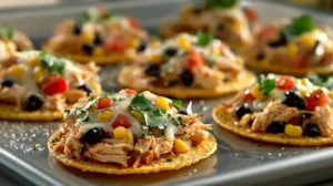 Crispy rotisserie chicken tostadas topped with melted cheese, black beans, corn, tomatoes, avocado, and fresh cilantro on a baking sheet