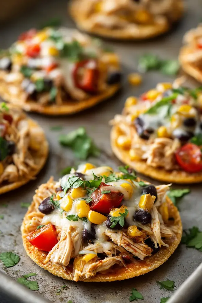 Crispy rotisserie chicken tostadas topped with melted cheese, black beans, corn, and fresh cilantro