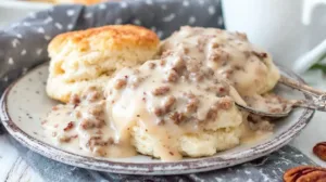 Creamy Southern sausage gravy poured over fluffy buttermilk biscuits on a plate, classic homemade sausage gravy recipe