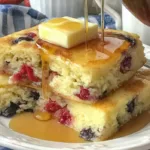 Fluffy sheet pan pancakes baked in a large pan and topped with mixed berries, served as a quick and easy breakfast for a crowd.