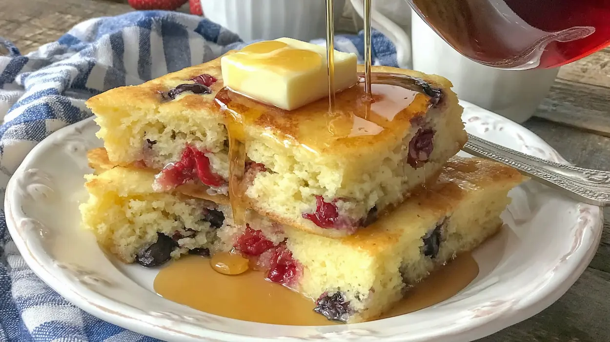 Fluffy sheet pan pancakes baked in a large pan and topped with mixed berries, served as a quick and easy breakfast for a crowd.