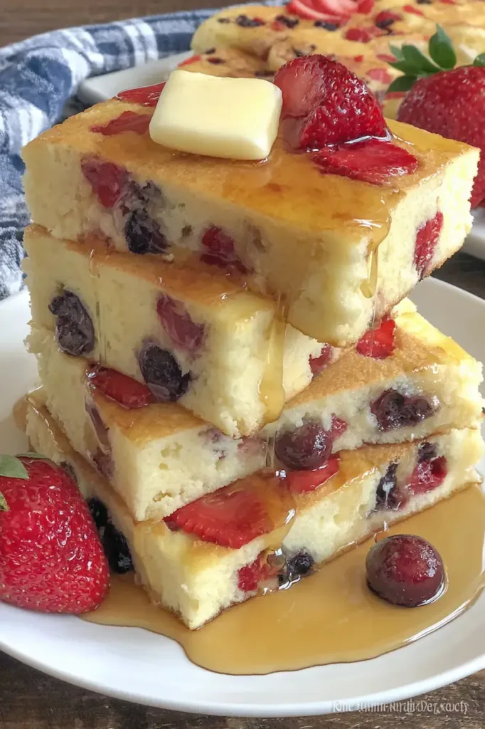 Sheet pan pancakes sliced into squares and served with berries and maple syrup for an easy breakfast for a crowd.