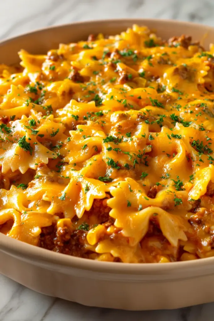 Cheesy sloppy joe casserole baked in a dish with beef, sauce, and pasta