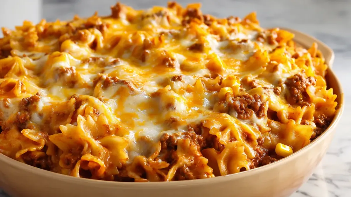 Gratin de sloppy joe casserole tout juste sorti du four, avec du bœuf haché en sauce tomate et une couche de fromage fondu doré.