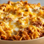 Gratin de sloppy joe casserole tout juste sorti du four, avec du bœuf haché en sauce tomate et une couche de fromage fondu doré.