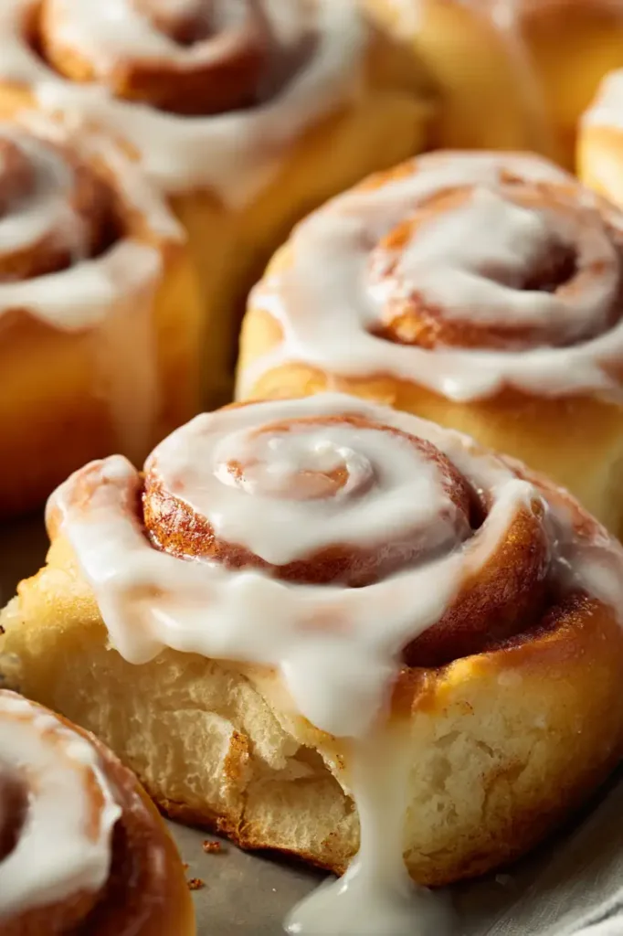 Easy Sourdough Cinnamon Rolls (Soft, Gooey & Made With Discard) 2 Soft sourdough cinnamon rolls baked with discard and topped with creamy icing in a baking dish