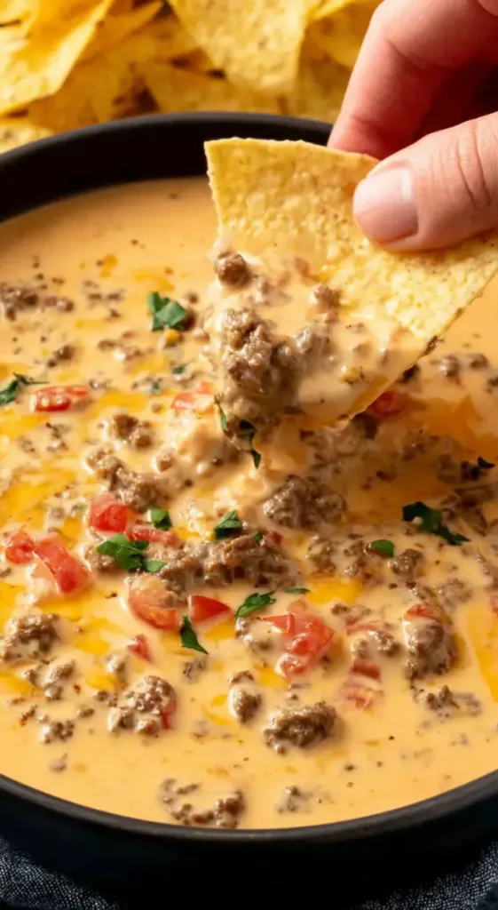 Creamy Velveeta queso dip made with Rotel tomatoes and sausage served with tortilla chips.