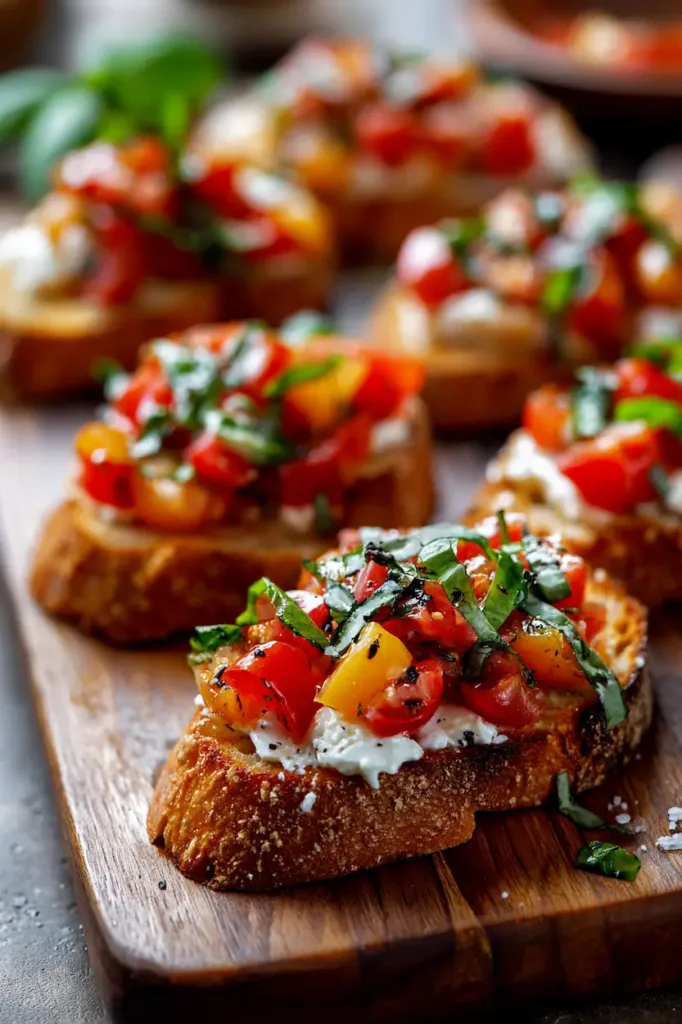 Easy Bruschetta Recipe with Fresh Tomatoes and Mozzarella (Perfect Party Finger Food) 2 Easy bruschetta recipe with tomatoes and mozzarella – simple Italian appetizer perfect for parties.
