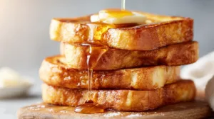 Stack of golden brown French toast with melted butter and maple syrup, classic French toast recipe served for breakfast