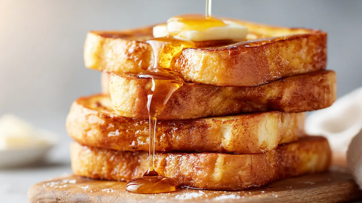 French Toast Recipe (Simple, Easy & Classic) 4 Stack of golden brown French toast with melted butter and maple syrup, classic French toast recipe served for breakfast