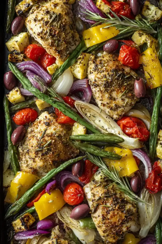 Easy Greek Sheet Pan Chicken Dinner (One-Pan Mediterranean Favorite) 2 Greek sheet pan chicken dinner with roasted vegetables and Mediterranean flavors