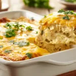 lice of green chile chicken enchilada casserole with melted cheese and cilantro on a white plate.