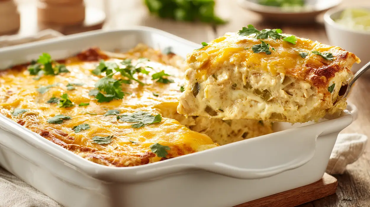 lice of green chile chicken enchilada casserole with melted cheese and cilantro on a white plate.