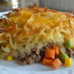 Cheesy hashbrown hamburger casserole with crispy shredded potato topping, melted cheddar cheese, and ground beef with vegetables, served on a white plate.
