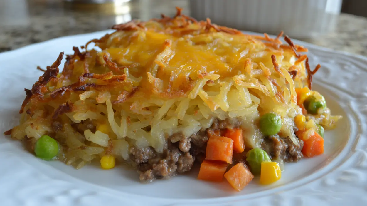 Cheesy hashbrown hamburger casserole with crispy shredded potato topping, melted cheddar cheese, and ground beef with vegetables, served on a white plate.