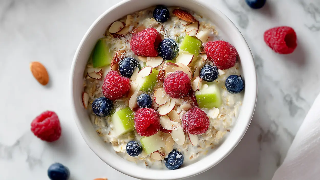 High-protein bircher muesli overnight oats with apple, berries, and almonds in a ceramic bowl.