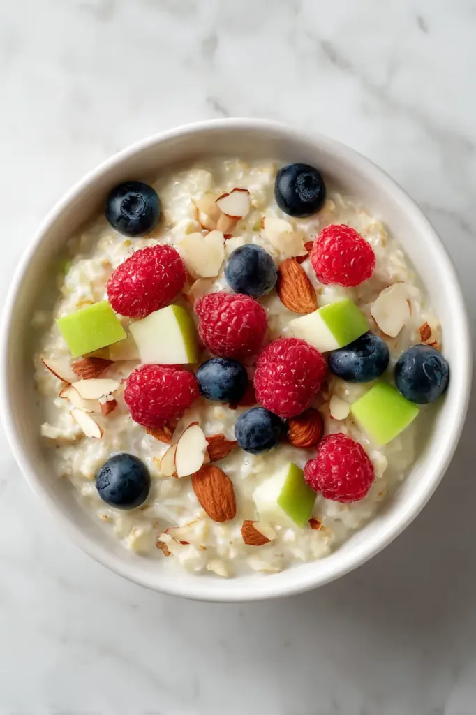High-protein bircher muesli overnight oats for weight loss and meal prep with apples and berries.