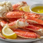 Snow crab legs served with melted butter and lemon wedges on a white plate