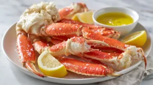 Snow crab legs served with melted butter and lemon wedges on a white plate