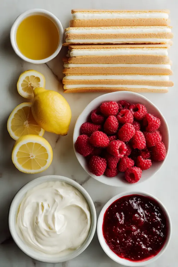 Ingredients for easy raspberry tiramisu including lady finger desserts, mascarpone, and raspberries