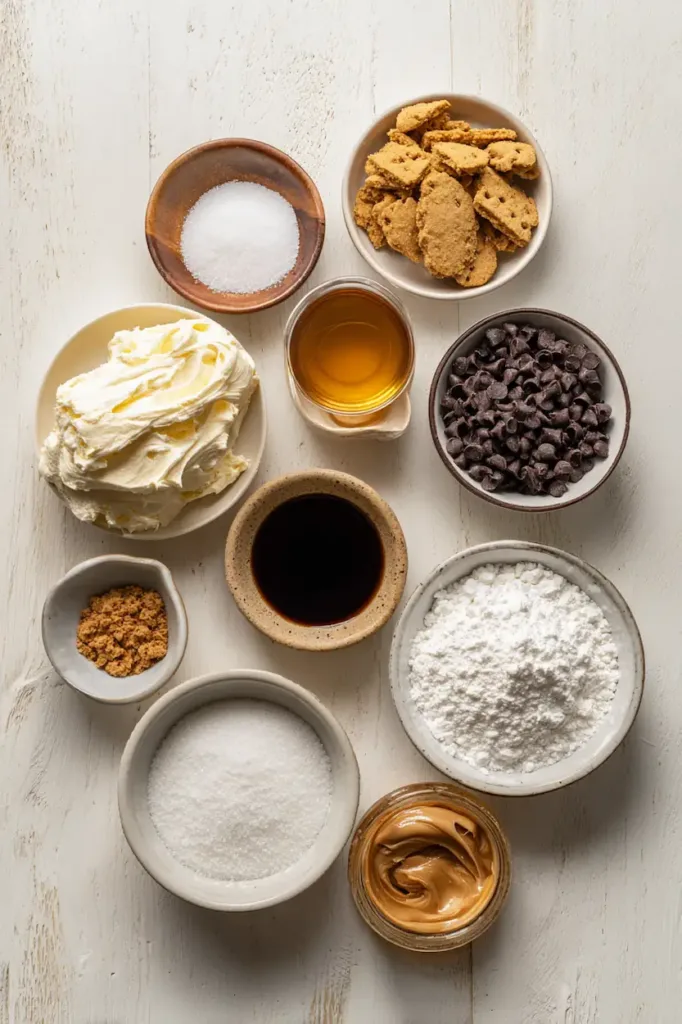 Ingredients for cookie dough dip including cream cheese, butter, powdered sugar, brown sugar, vanilla, chocolate chips, and toffee bits