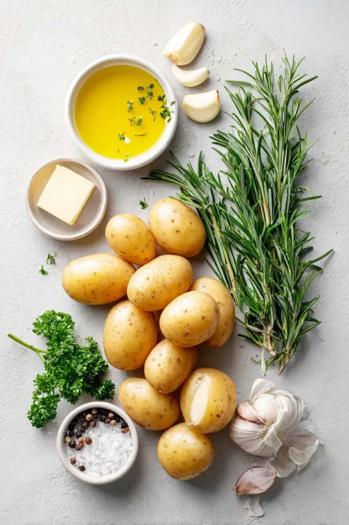 Ingredients for smashed potatoes including baby potatoes, garlic, butter, olive oil, and fresh herbs
