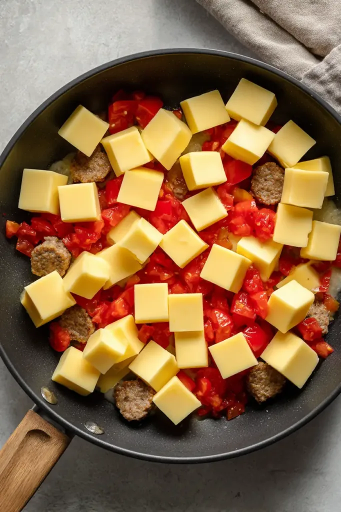 Velveeta cheese cubes, Rotel diced tomatoes with green chilies, and cooked sausage arranged on a clean surface.