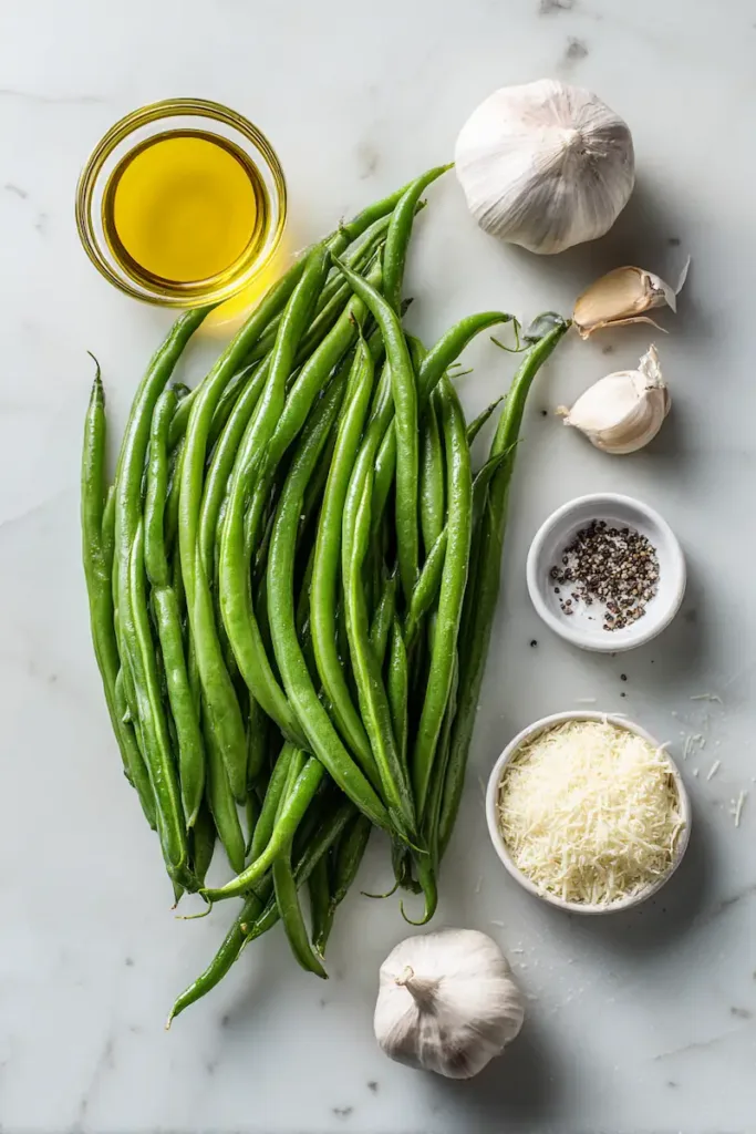 Ingredients for air fryer green beans including fresh green beans, olive oil, garlic, and Parmesan
