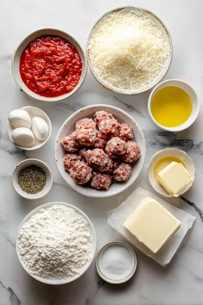 Flat lay of ingredients for Chicago Deep Dish Pizza including flour, cornmeal, mozzarella cheese, Italian sausage, crushed tomatoes, olive oil, and yeast