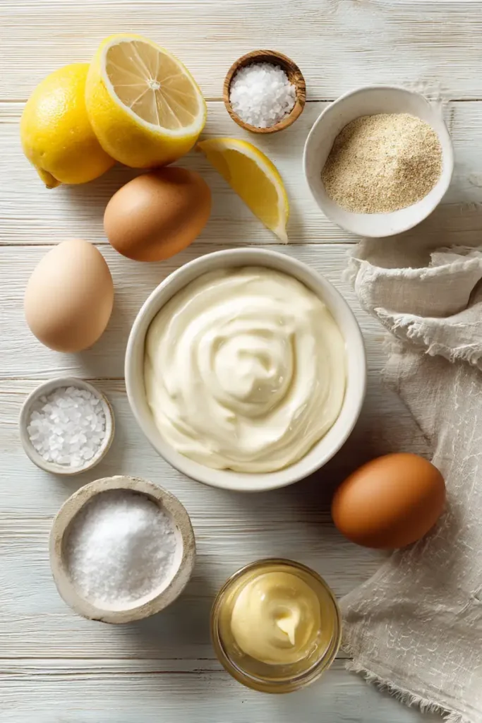 Ingredients for easy homemade mayonnaise including egg, oil, lemon juice, salt, and mustard
