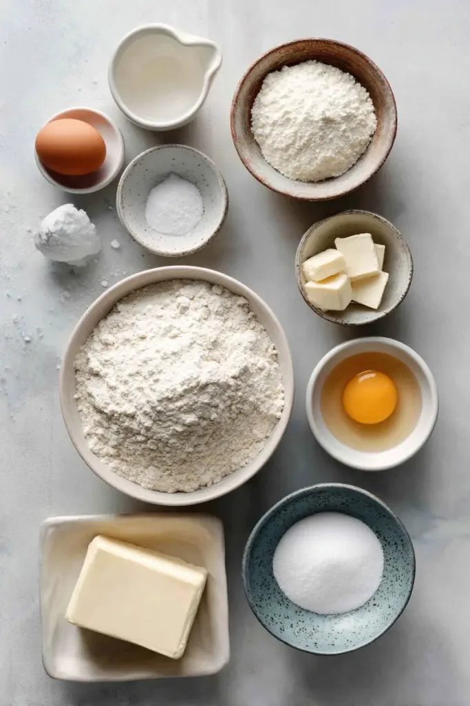 Easy 30-Minute Dinner Rolls (Soft, Fluffy & Foolproof) 3 Ingredients for homemade dinner rolls including flour, yeast, milk, butter, sugar, salt, and egg arranged on a clean surface