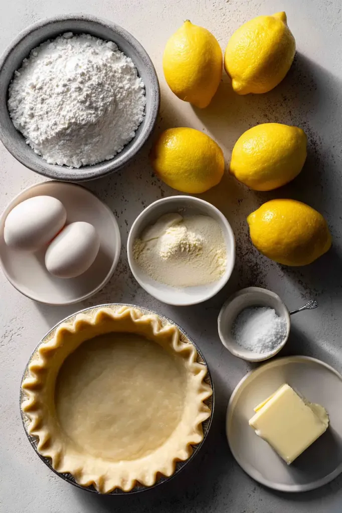 Ingredients for homemade lemon meringue pie including fresh lemons, eggs, sugar, butter, and pie crust arranged on a flat surface