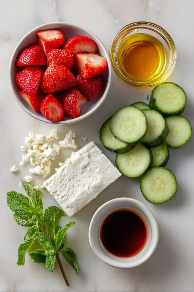 Ingredients for strawberry cucumber salad including strawberries, cucumber, feta cheese, honey, and balsamic vinegar