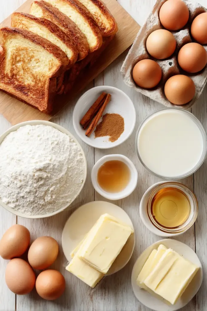 French Toast Recipe (Simple, Easy & Classic) 3 Ingredients for a French toast recipe including bread slices, eggs, milk, cinnamon, vanilla extract, butter, and maple syrup on a flat surface
