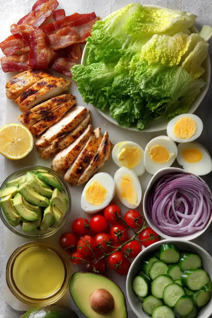 Cobb salad ingredients including grilled chicken breast, bacon, hard boiled eggs, avocado, romaine lettuce, cherry tomatoes, cucumber, dijon mustard, and honey