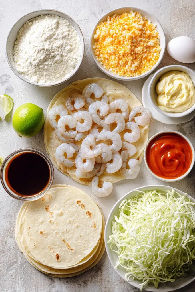 Ingredients for bang bang shrimp tacos including raw shrimp, panko breadcrumbs, eggs, sweet chili sauce, mayonnaise, tortillas, and shredded cabbage