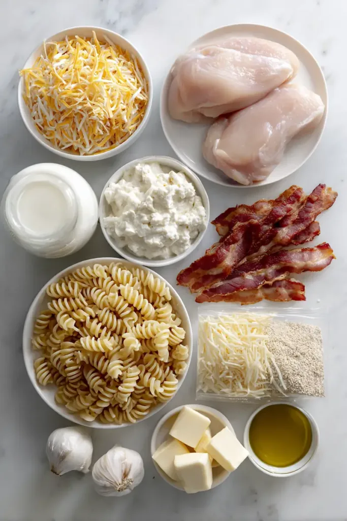 Chicken Bacon Ranch Pasta (Creamy, Easy & Family-Friendly) 3 Ingredients for chicken bacon ranch pasta including pasta, chicken breast, bacon, ranch seasoning, cheese, and cream cheese