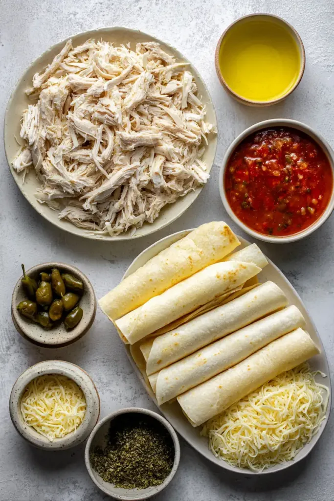 Chicken Flautas (Easy, Crunchy & Homemade) 3 Ingredients for chicken flautas including shredded chicken, tortillas, cheese, salsa, and green chiles arranged on a table