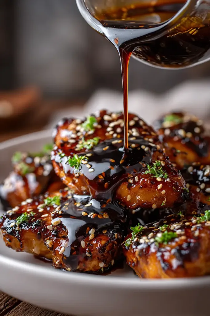 Dark honey garlic sauce poured over chicken, glossy black soy garlic sauce with sticky texture and rich shine