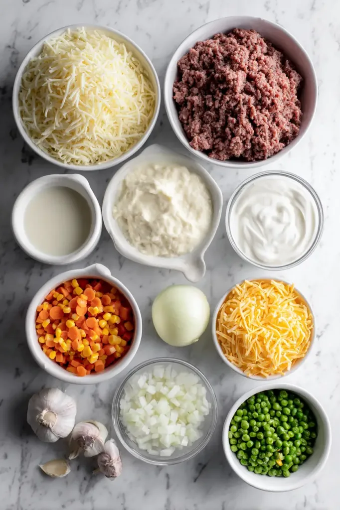 Ingredients for hashbrown hamburger casserole including shredded hashbrowns, ground beef, cheddar cheese, sour cream, soup, onion, and mixed vegetables arranged on a countertop.
