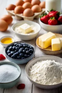 Ingredients for sheet pan pancakes including flour, eggs, milk, butter, sugar, baking powder, and fresh berries arranged on a table.