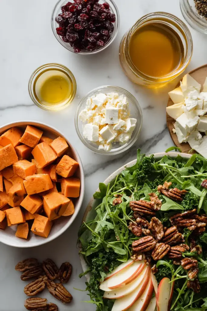 Roasted Sweet Potato Salad: The Ultimate Fall Sweet Potato Salad for Cozy Meals 3 Flat lay of fresh ingredients for sweet potato salad including greens, apples, pecans, cranberries, goat cheese, and vinaigrette