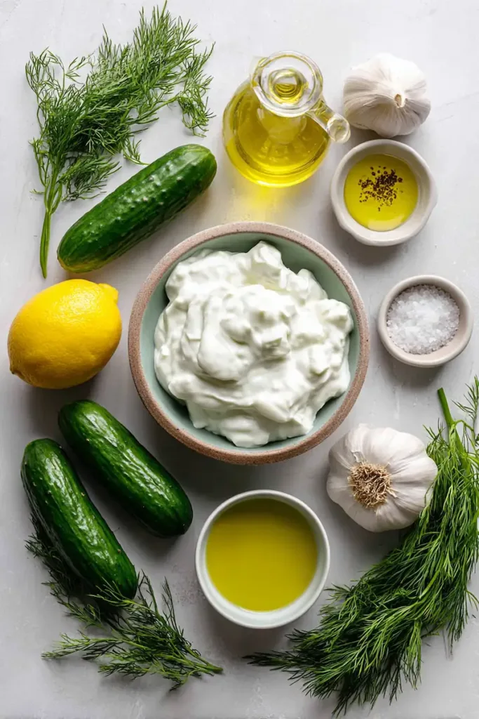 Easy Creamy Tzatziki Sauce Recipe (Healthy & Ready in 10 Minutes) 3 Ingredients for easy tzatziki sauce including Greek yogurt, fresh cucumber, garlic, lemon, olive oil, and dill arranged on a light surface