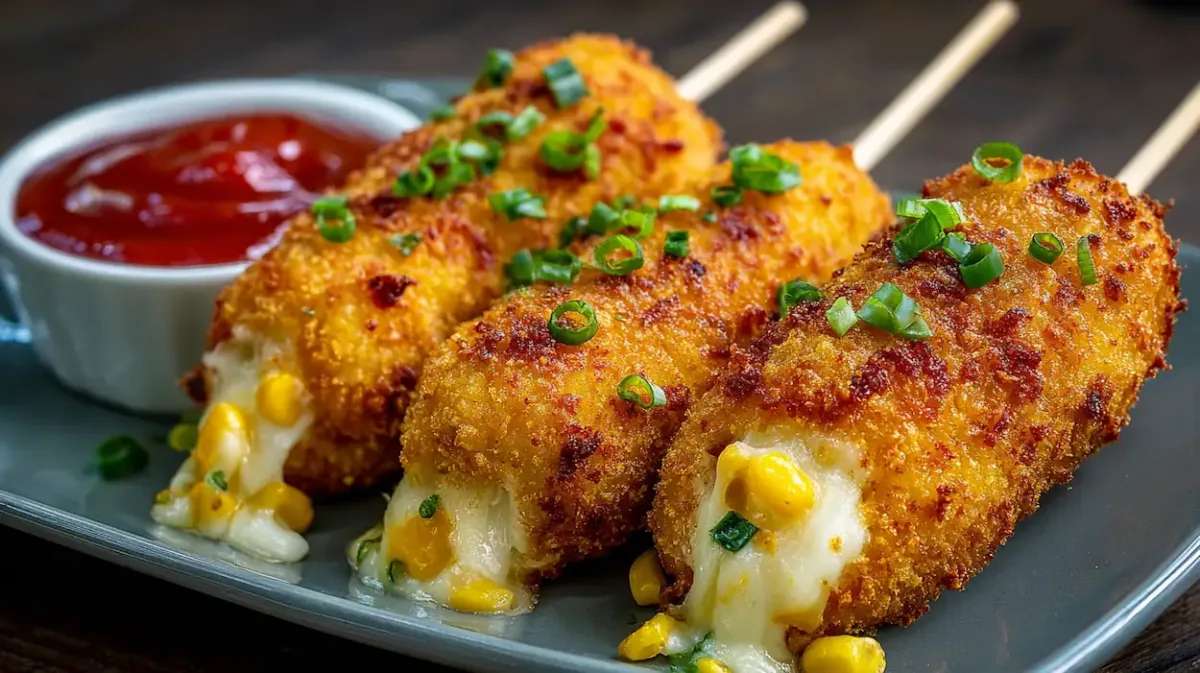 Korean corn dog with crispy panko coating and melted mozzarella cheese, Korean French fried corn dog street food style
