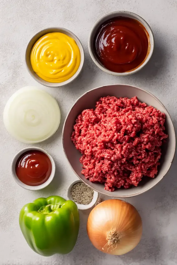 Sloppy Joes Recipe (Old Fashioned & Homemade) 3 Ingredients for sloppy joes recipe including ground beef, ketchup, yellow mustard, Worcestershire sauce, onion, and green bell pepper