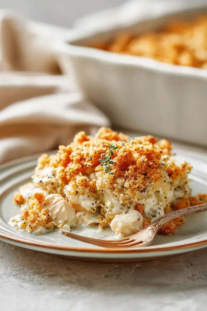 Creamy poppy seed chicken casserole with buttery cracker topping served on a plate
