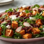 Close-up of roasted sweet potato salad with arugula, apples, pecans, cranberries, and goat cheese on a pink platter