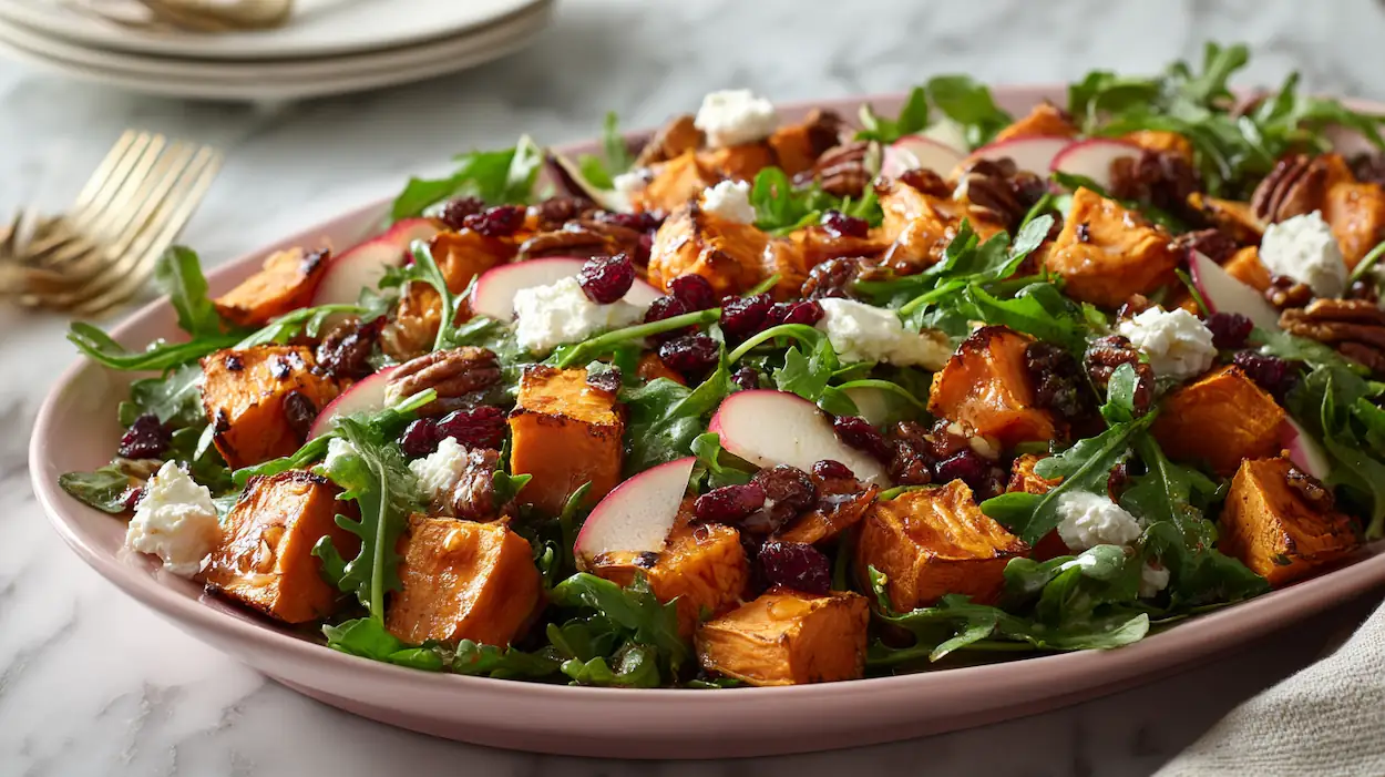 Roasted Sweet Potato Salad: The Ultimate Fall Sweet Potato Salad for Cozy Meals 4 Close-up of roasted sweet potato salad with arugula, apples, pecans, cranberries, and goat cheese on a pink platter