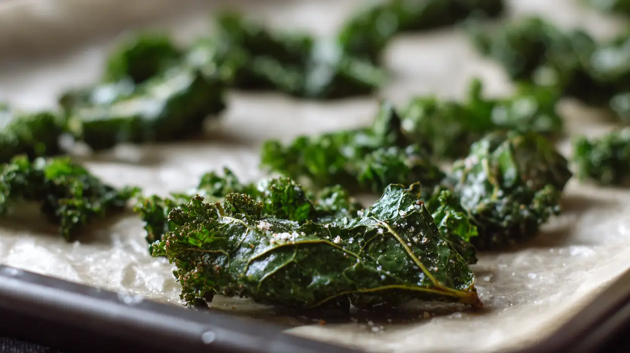 Homemade salt and vinegar kale chips baked until crispy