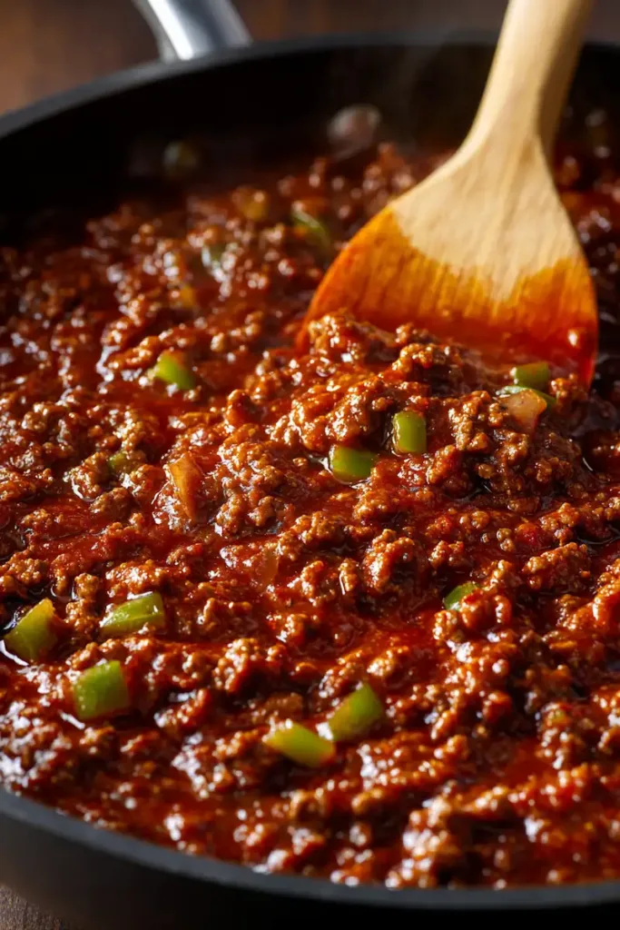 Sloppy Joes Recipe (Old Fashioned & Homemade) 4 close-up of homemade sloppy joes sauce simmering in a black skillet, rich ground beef coated in thick glossy reddish-brown sauce, visible diced onions and green bell peppers, wooden spoon stirring the mixture, shallow depth of field, warm natural lighting